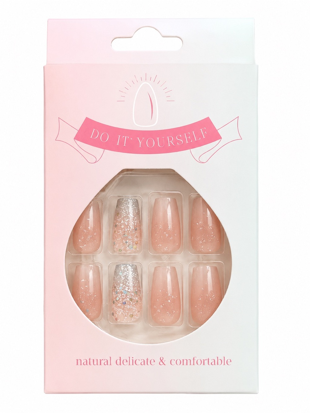 Nude Glitter Coffin Press-On Nails 24pc Glossy Glam Bridal